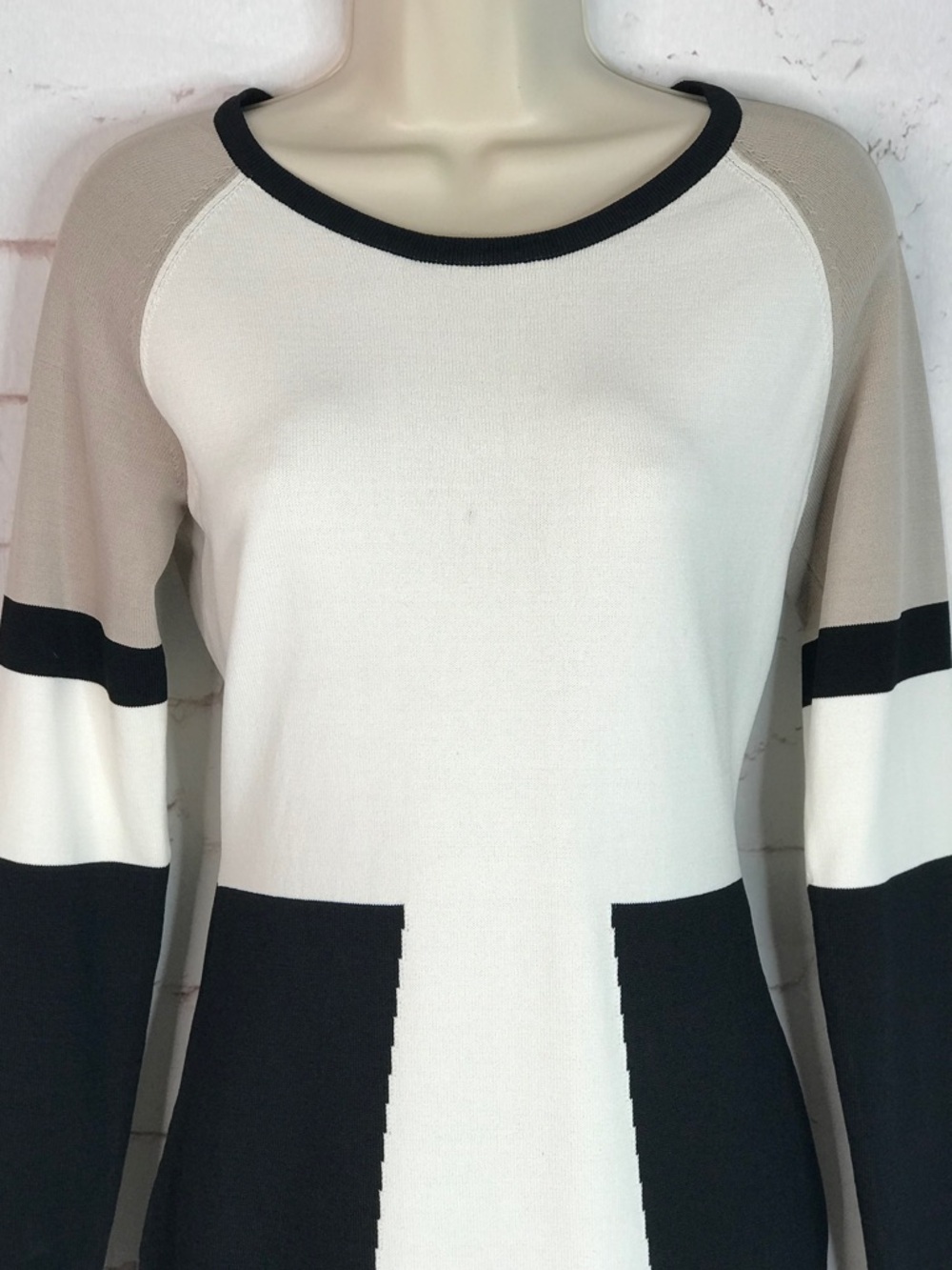 CALVIN KLEIN M Petite Colorblock Knit Long Sleeve Dress Black Taupe Cream MP - Picture 10 of 15